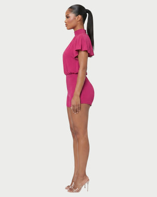 BERNICE Mock Neck Cape Sleeve Open-Back Romper