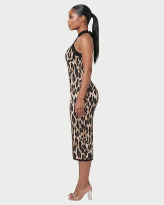 EVONE Leopard Print Bodycon Halter Midi Dress