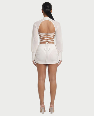 NARRI Deep V-Neck Ruched Draped Lace-Up Back Mini Dress