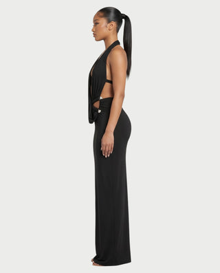 MARYLIN Draped Halter Deep V Side Cutout Maxi Dress