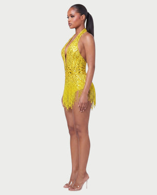 EMERA Rhinestone Beaded Halter Mini Dress