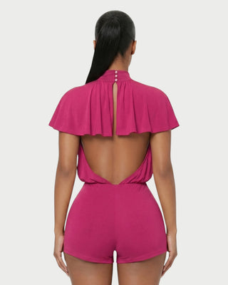 BERNICE Mock Neck Cape Sleeve Open-Back Romper