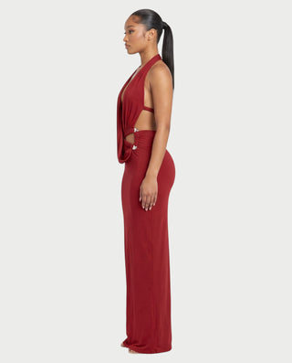 MARYLIN Draped Halter Deep V Side Cutout Maxi Dress