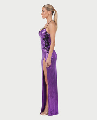 ESPERANZA Cowl Neck Sequin Lace Side Panel Bodycon Maxi Dress