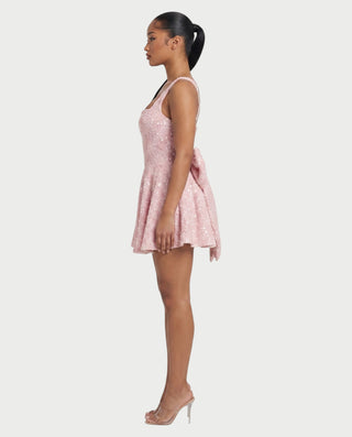 ASHE Sequin Square Neck Pleated Flare Mini Dress