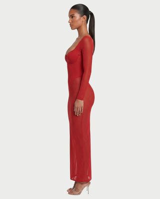 AZIE Sweetheart Bustier Sheer Long-Sleeve Bodycon Maxi Dress
