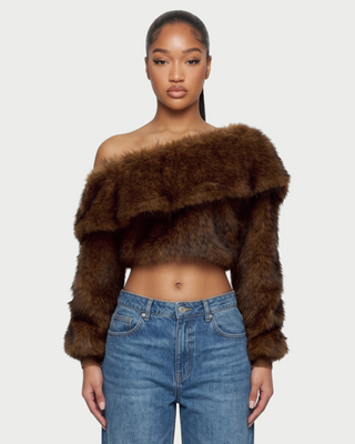 ROUX Faux Fur Off-Shoulder Cropped Jacket