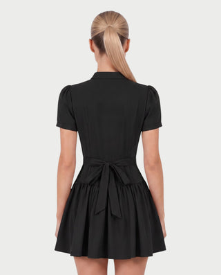 MIRIANA Plaid Mock Neck Puff Sleeve Button Detail Mini Dress