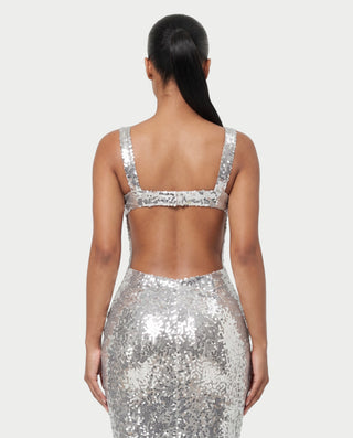 EMELYN Silver Sequin Square Neck Bodycon Maxi Dress