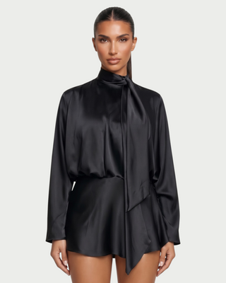 AZIEL Draped Scarf Neck Long Sleeve Mini Dress
