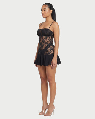 MERNA Floral Lace Sheer Bodycon Flounce-Hem Mini Dress
