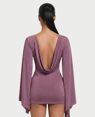 CAISYN Draped Bell Sleeve Ruched Bodycon Mini Dress