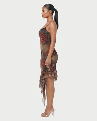 GIADA Floral Leopard Print Lace-Trim Ruffle Midi Dress