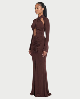 AVILINA Cross-Halter Ruched Bodycon Maxi Dress