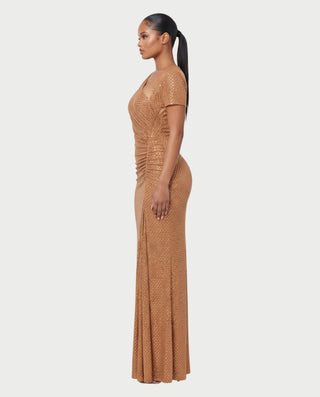 DULCINEA V-Neck Embellished Short Sleeve Ruched Maxi Dress