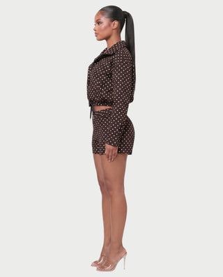 MARZELLE Polka Dot Zip-Up Cropped Jacket & Shorts Set