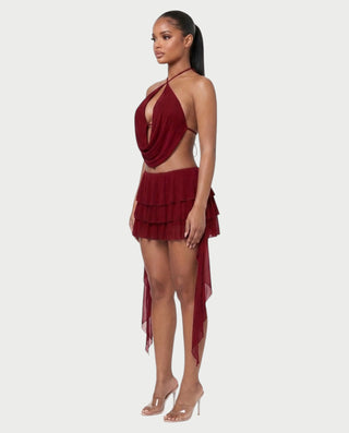 MARVILA Halter Drape Top & Sheer Ruffle Mini Skirt Set