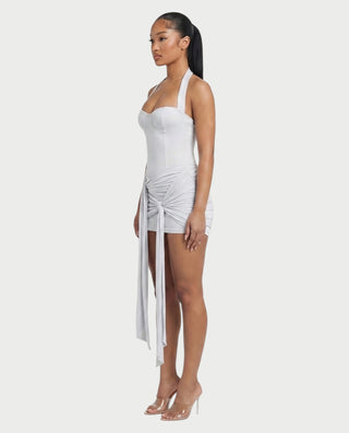 TONI Ruched Tie-Front Halter Bodycon Mini Dress