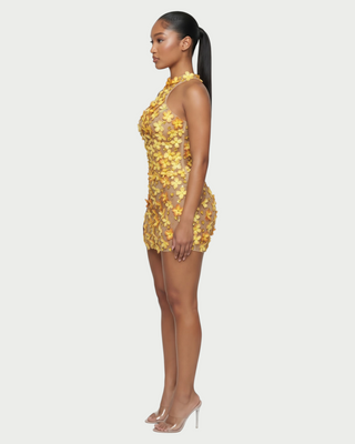 ZARIA Floral Appliqué Rhinestone Halter Mini Dress