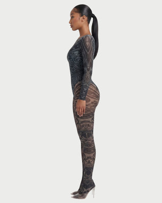 CELESTINE Abstract Print Mesh Bodysuit & Sheer Leggings Set