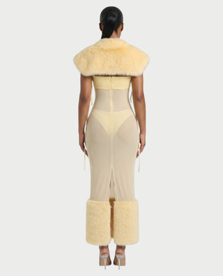 POLINE Faux Fur Cape & Sheer Trimmed Maxi Dress Set