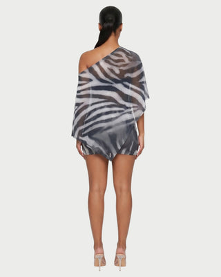 OVALINE Sheer Zebra Print One-Shoulder Top & Mini Skirt Set