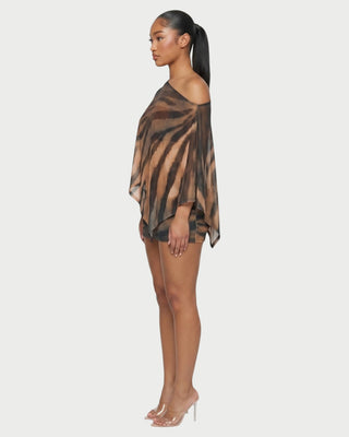 OVALINE Sheer Zebra Print One-Shoulder Top & Mini Skirt Set