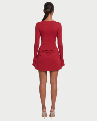 CASSANDRA Plunge Neck Long Sleeve Flared Mini Dress