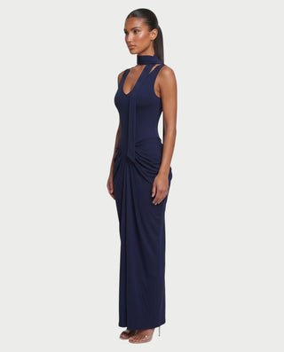 ZYRINA Long Neck Scarf Ruched Bodycon Maxi Dress