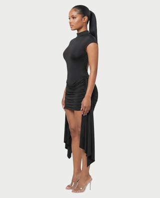 SHAZIA Mock Neck Ruched Drape Bodycon Mini Dress