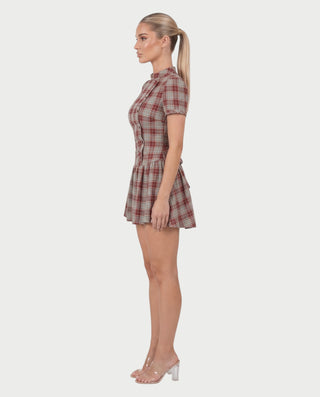 MIRIANA Plaid Mock Neck Puff Sleeve Button Detail Mini Dress