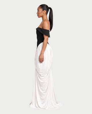 AYAME Off-Shoulder Ruched Colorblock Maxi Dress