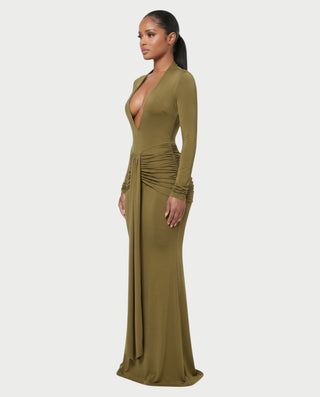 BILLY Plunging Neckline Long Sleeve Ruched Waist Maxi Dress