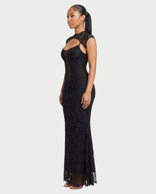 SAFIRA Lace Cap-Sleeve Cutout Sheer-Panel Bodycon Maxi Dress