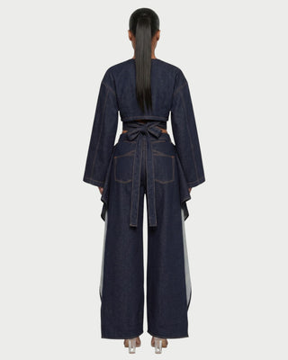 VERON Denim Cropped Wrap Top & Split-Panel Pants Set
