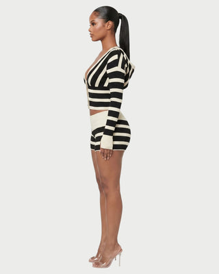 BEVERLY Striped Hooded V-Neck Knit Top & Shorts Set