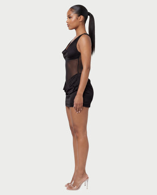 AVIGAIL Cowl Neck Sheer Mesh Draped Satin Mini Dress