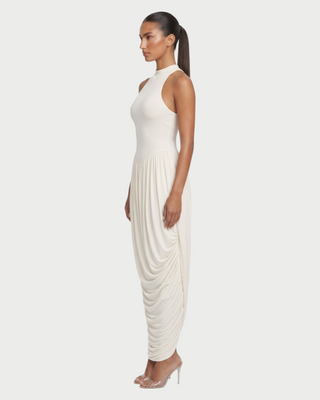 SHAYE High Neck Racerback Ruched Draped Maxi Dress