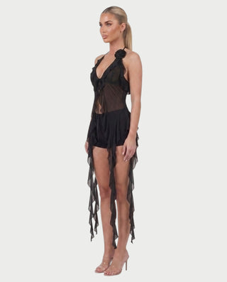 THELMA Sheer Halter Tie-Front Ruffle Top
