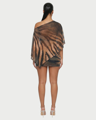 OVALINE Sheer Zebra Print One-Shoulder Top & Mini Skirt Set