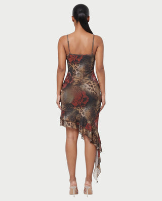 GIADA Floral Leopard Print Lace-Trim Ruffle Midi Dress