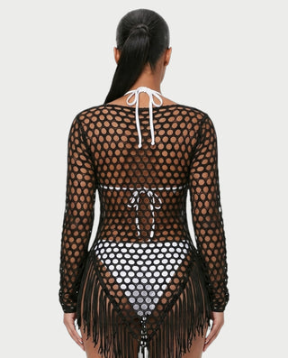 RESSA Open-Knit Tassel Swim Cover-Up Dress