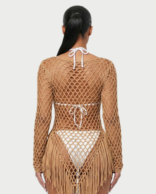 RESSA Open-Knit Tassel Swim Cover-Up Dress
