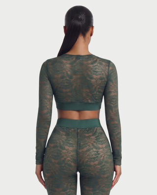 KAMARIA Lace Plunge Neckline Top & Tights Set