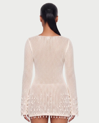 VESPARA Open Knit Tassel Cover-Up Mini Dress