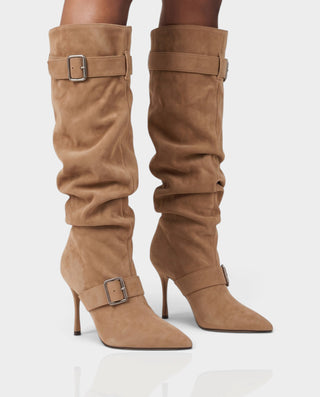 ESTRELLE Pointed Toe Buckle Strap Knee-High Heel Boots