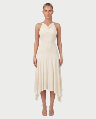 ZEINAB Draped Halter Open-Back Handkerchief Midi Dress
