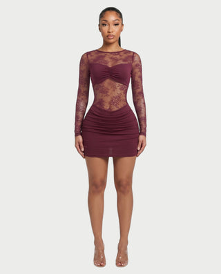 LAYLIE Long Sleeve Floral Lace Open Back Bodycon Mini Dress