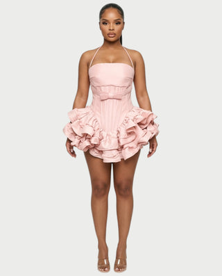 HELSA Halter Bow-Detail Corset Ruffle Mini Dress