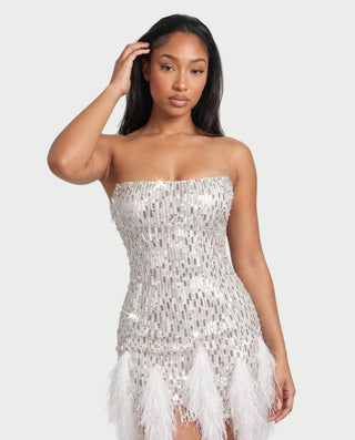 AILANY Strapless Sequin Feather Trim Bodycon Mini Dress